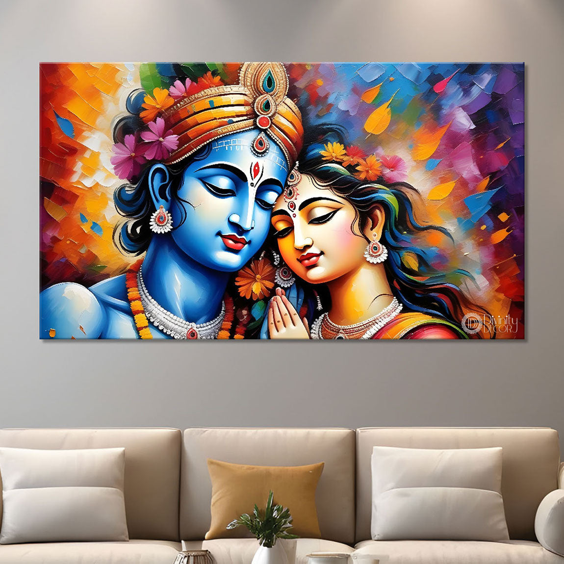 Blue face of Krishna and Radha with colorful background painting Canvas Painting - Design - Krishna-184