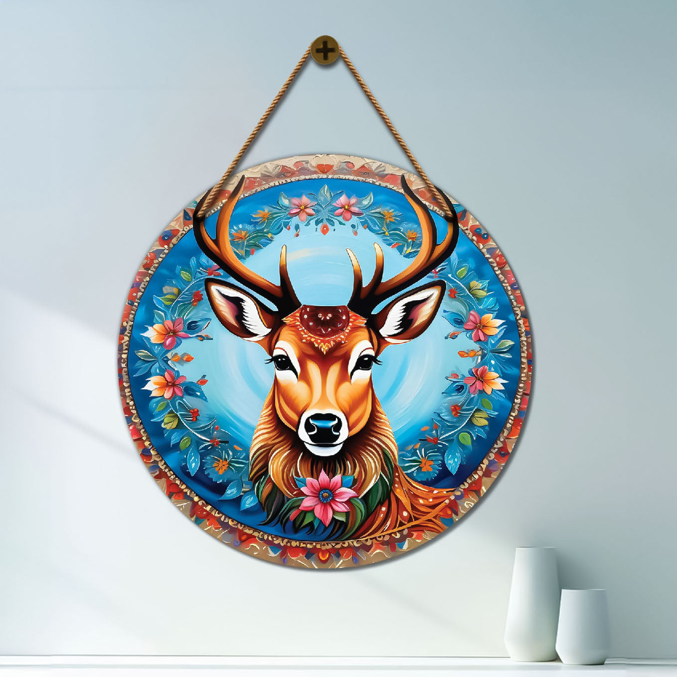 Deer in blue and pink mandala Round Wooden Wall Hanging for wall Décor - Design - 184
