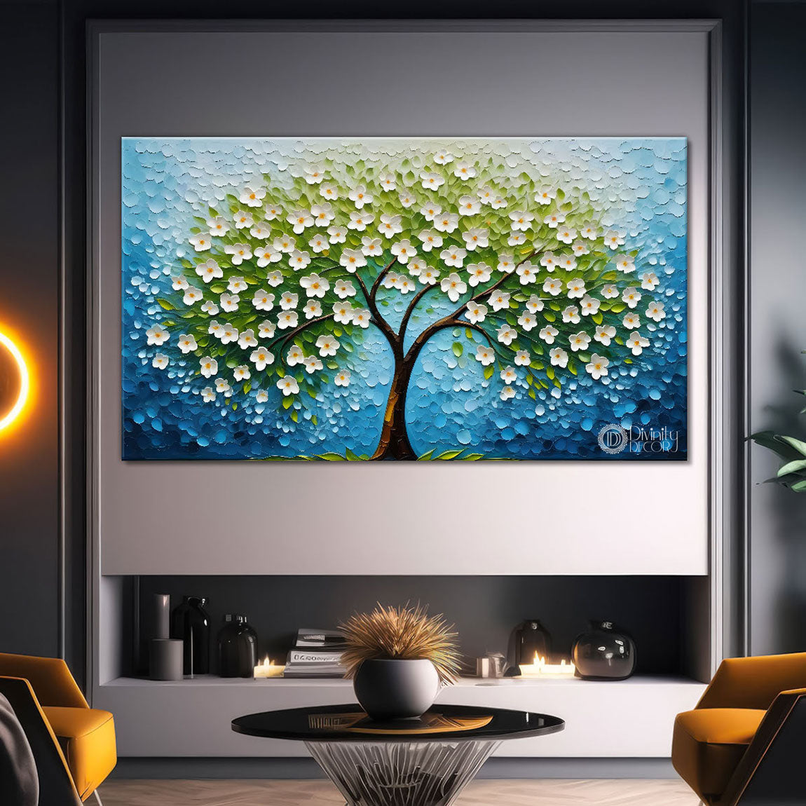 White flower tree in textured background oil painting- Design - Tree-184