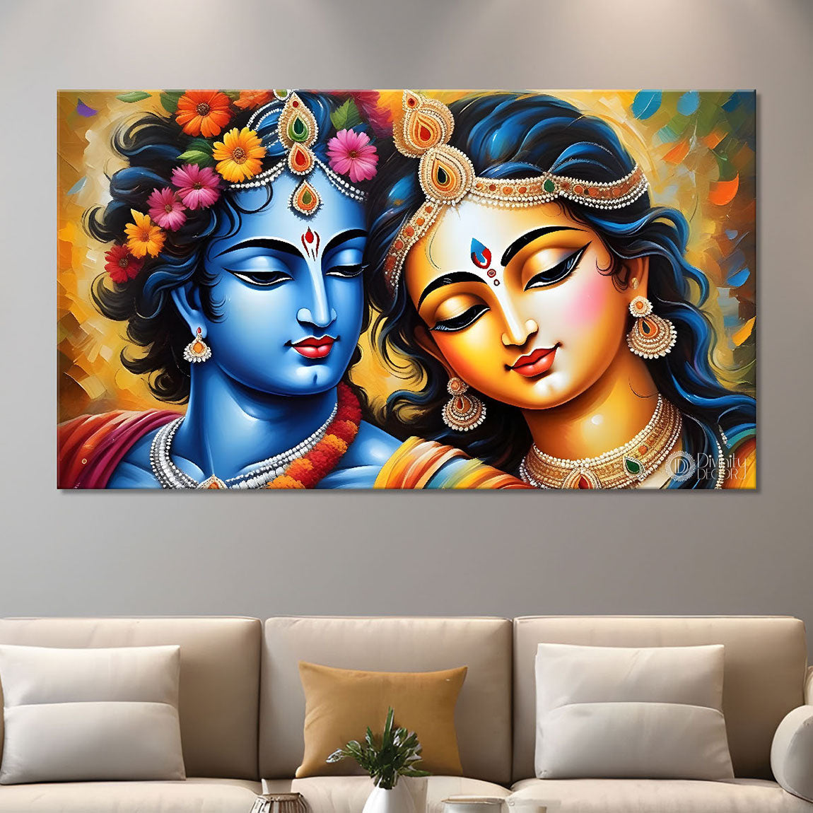 Blue face of Krishna and Radha with colorful background painting Canvas Painting - Design - Krishna-185