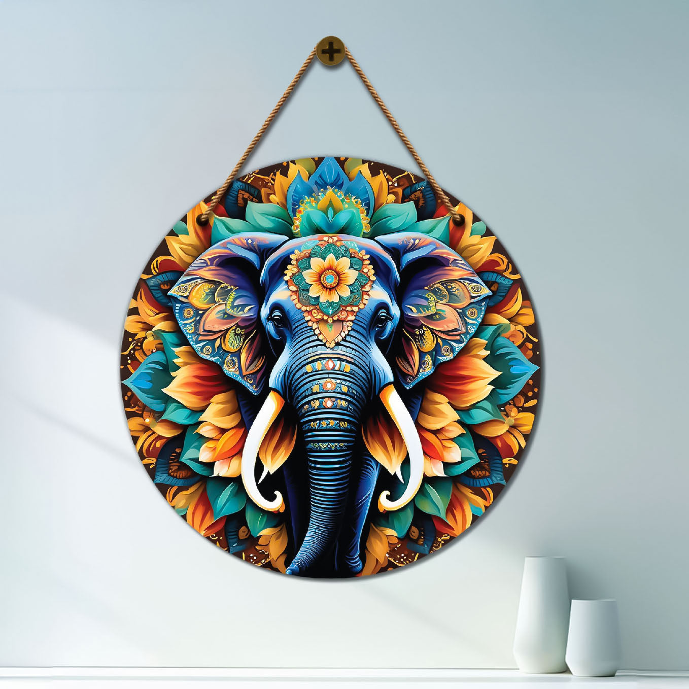 Elephant in green and yellow mandala Round Wooden Wall Hanging for wall Décor - Design - 185