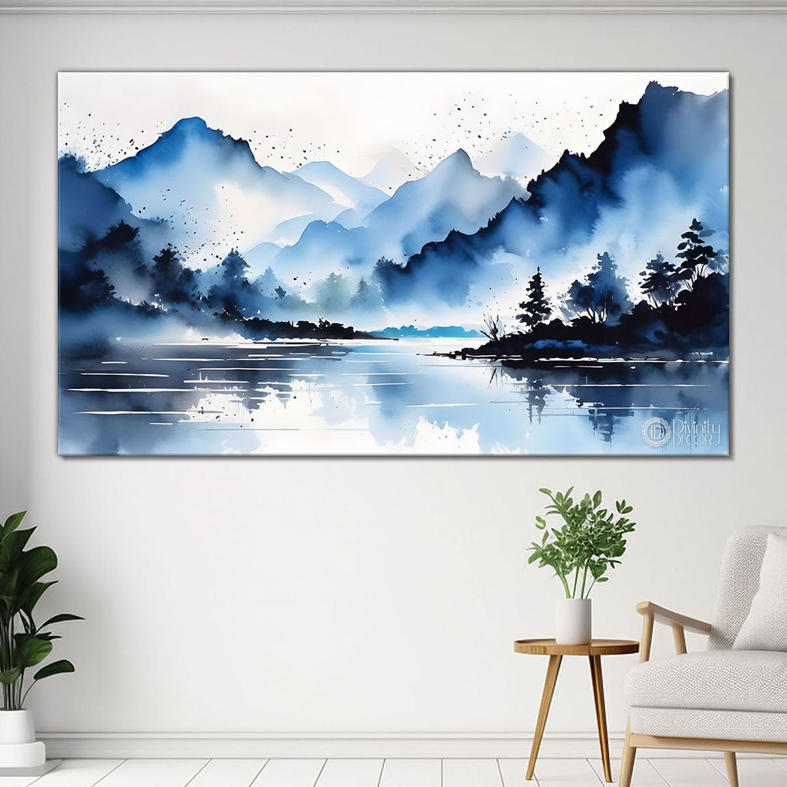 Mountains with river and trees with water color textured art Canvas Painting - Nature Art -185