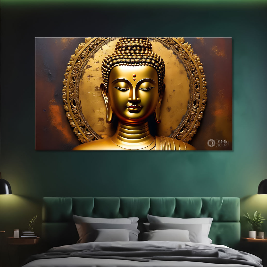 Golden buddha with orange flower background painting Canvas Wall Painting - Buddha-185