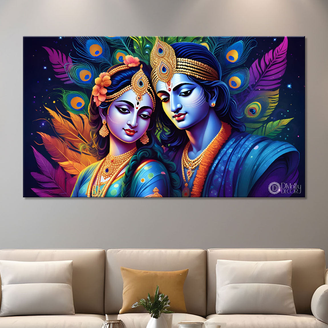 Blue face of Krishna and Radha with colorful background painting Canvas Painting - Design - Krishna-186