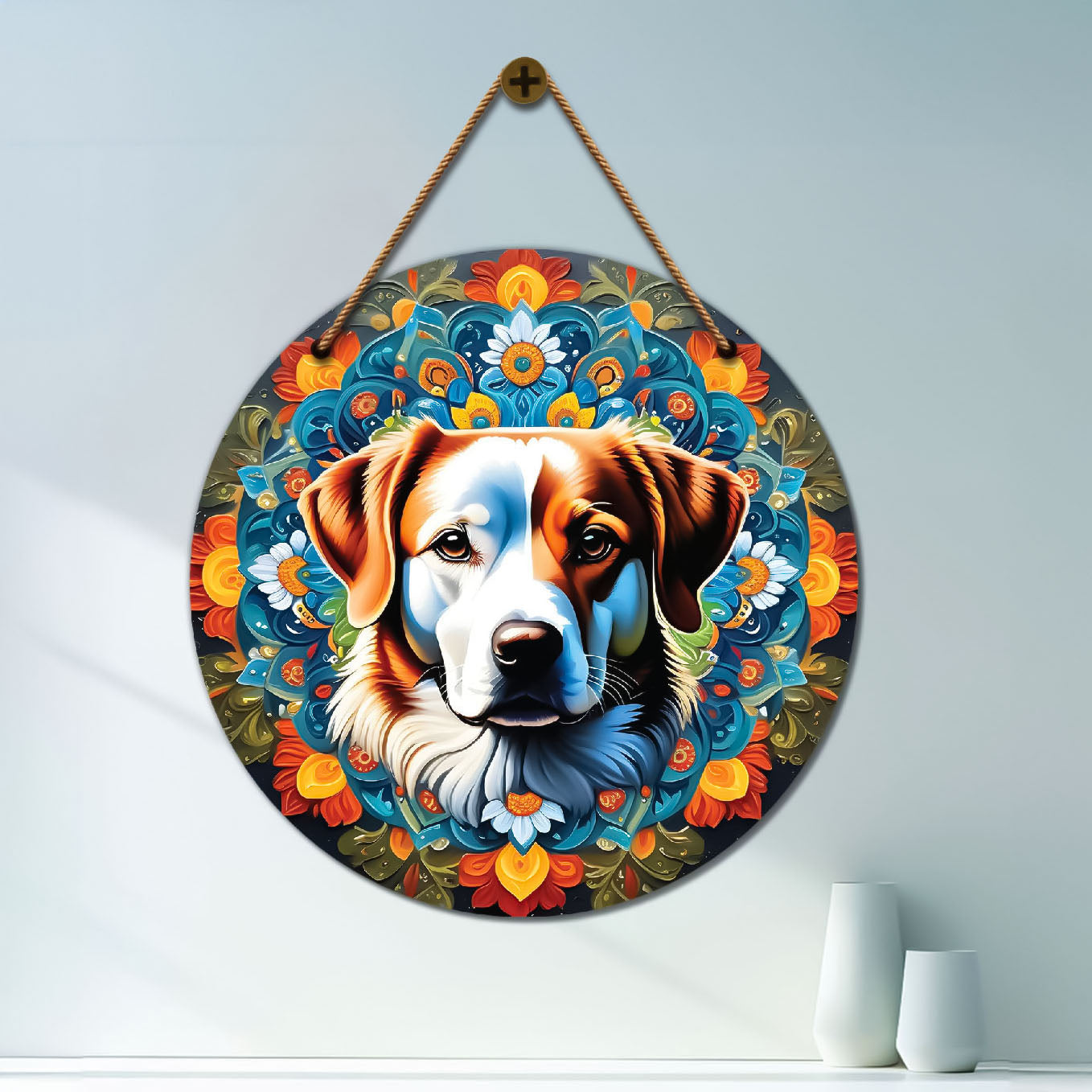 Dog in green and orange mandala Round Wooden Wall Hanging for wall Décor - Design - 186