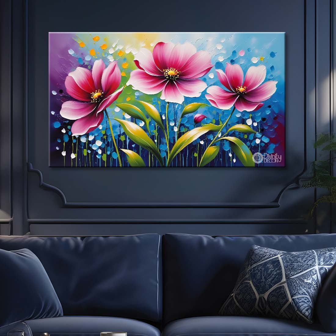 Pink flowers with blue background- Design - Flower-187