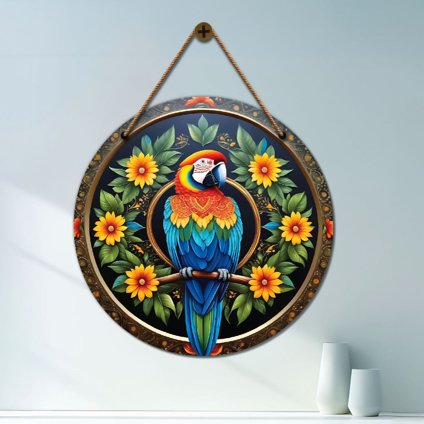 Parrot in green and yellow mandala Round Wooden Wall Hanging for wall Décor - Design - 187