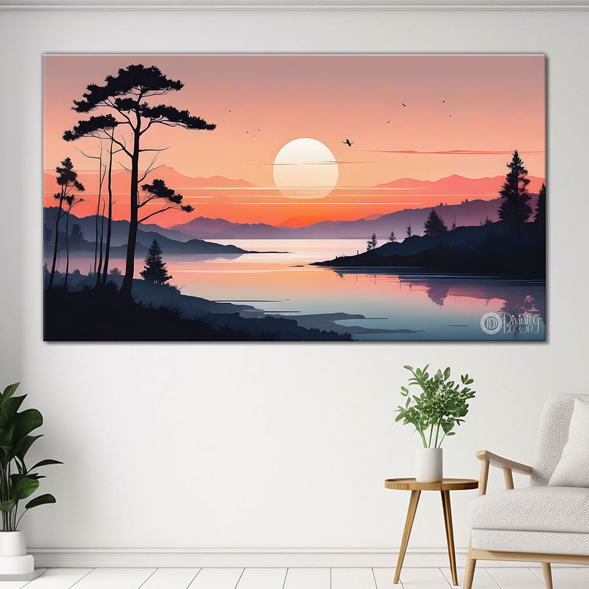 Sunset with mountain water color painting Canvas Painting - Nature Art -187