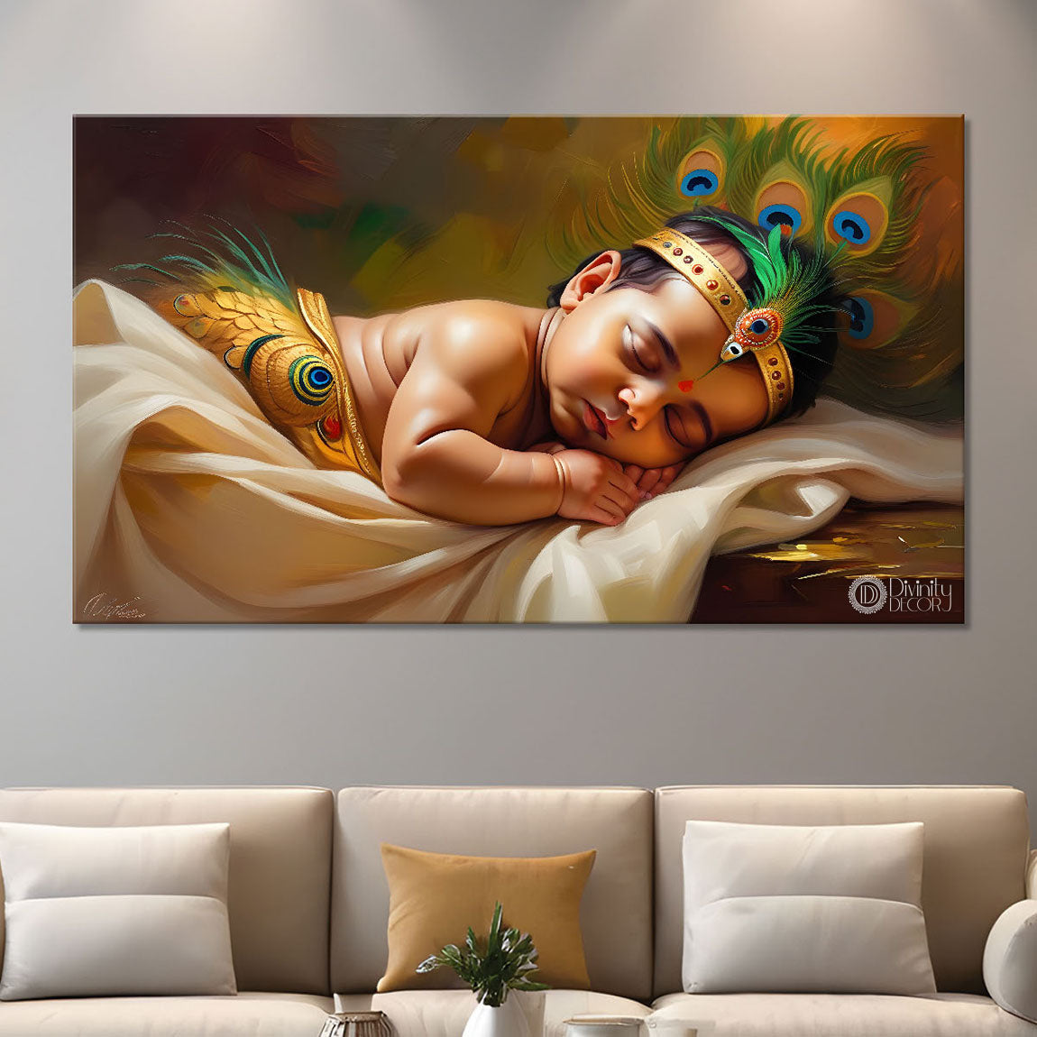 Little Krishna sleeping in bright textured painting Canvas Painting - Design - Krishna-187