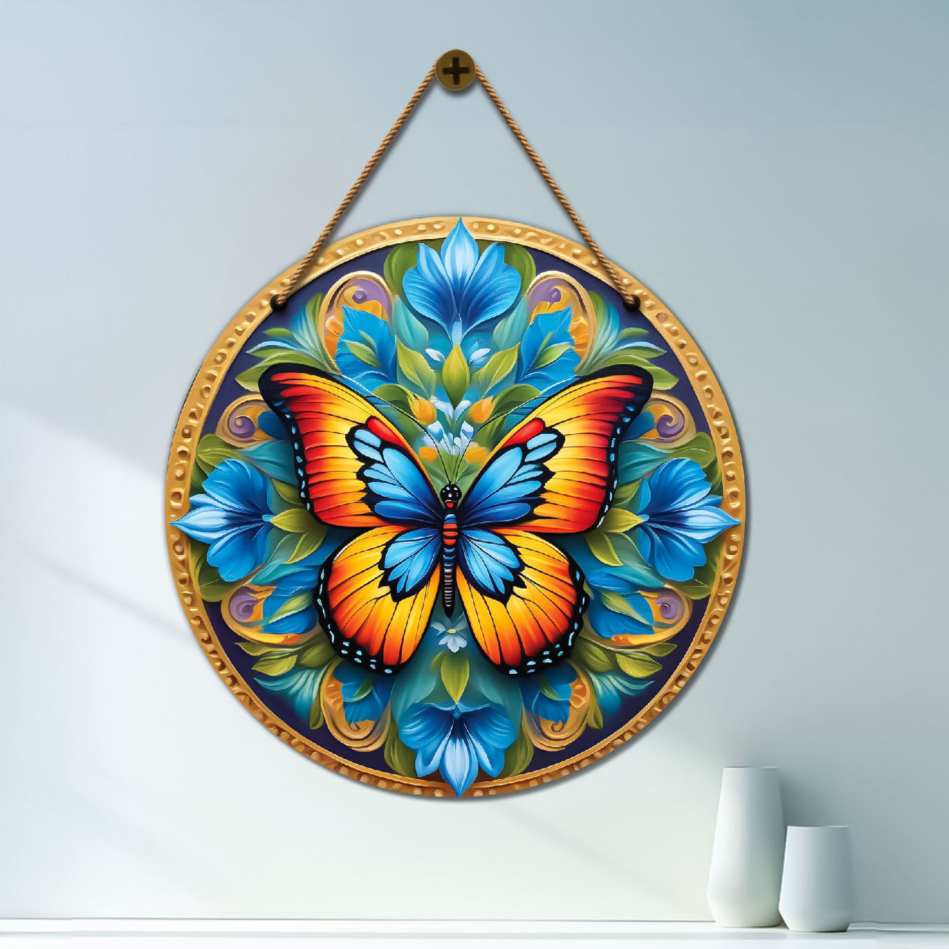 Butterfly in green and blue mandala Round Wooden Wall Hanging for wall Décor - Design - 188