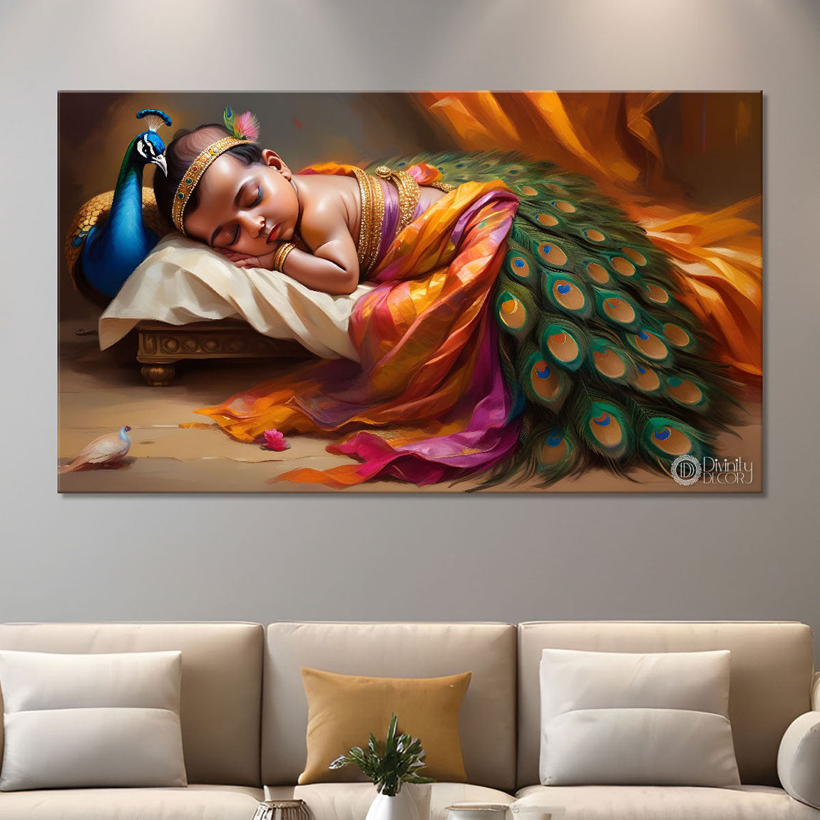 Little Krishna sleeping in bright textured painting Canvas Painting - Design - Krishna-188