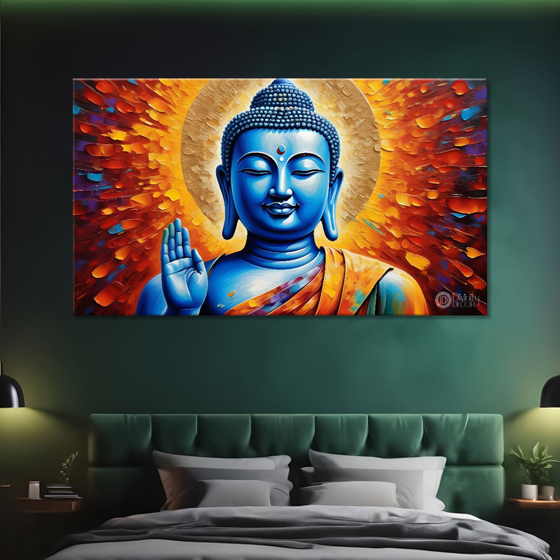 Blue buddha in orange background textured painting Canvas Wall Painting - Buddha-189