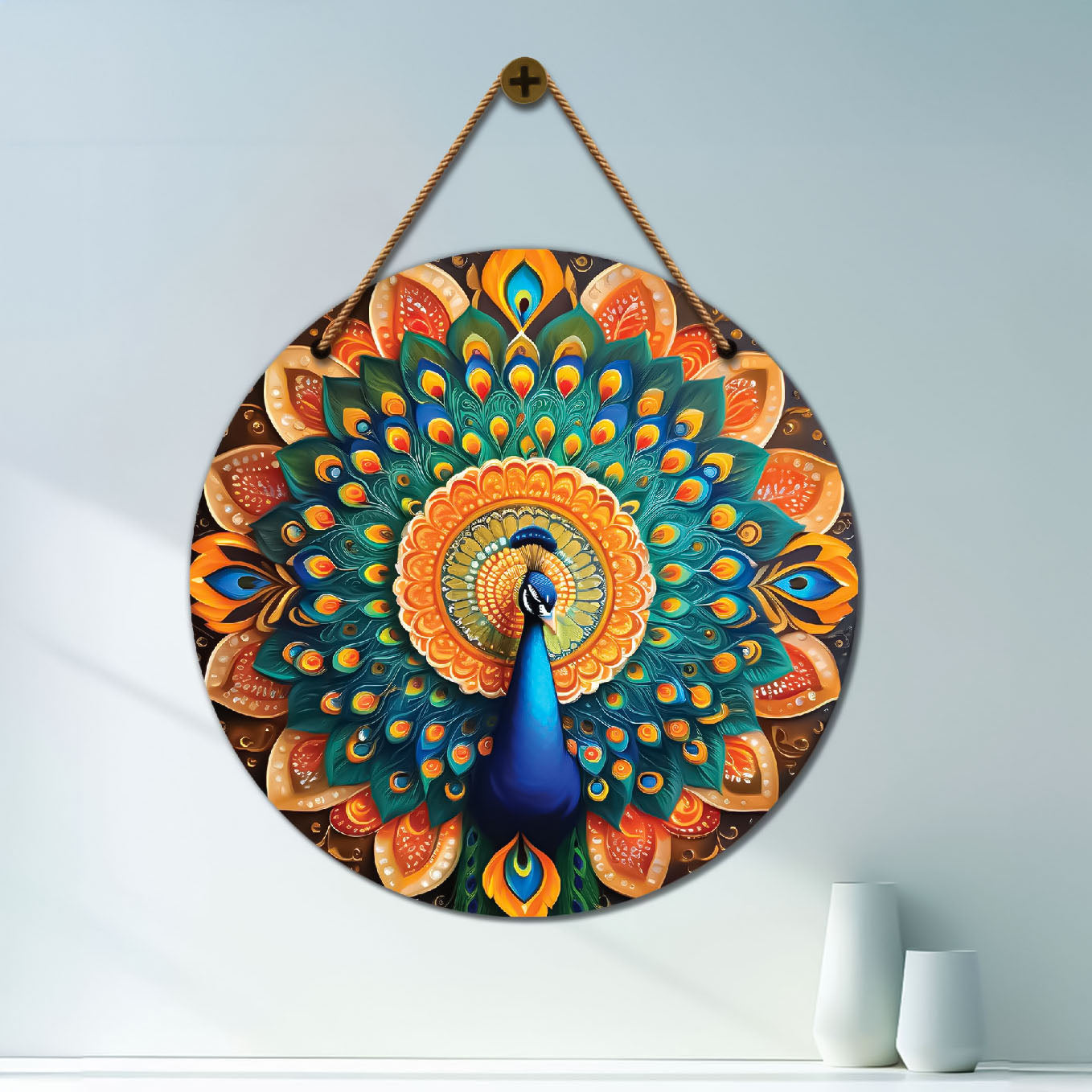 Peacock in green and orange mandala Round Wooden Wall Hanging for wall Décor - Design - 189