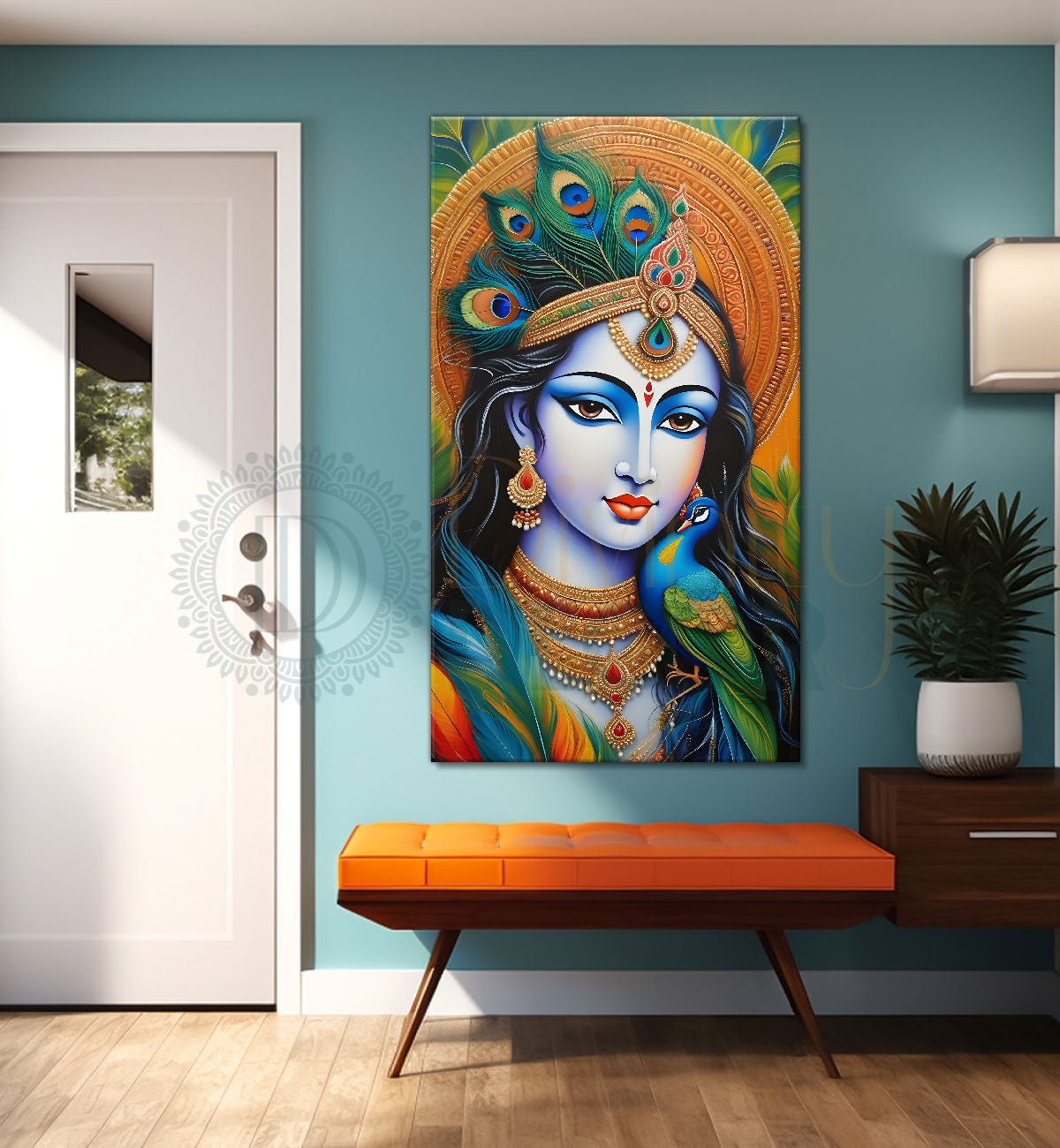 Blue face of krishna in orange background textured art Canvas Painting - Design - Krishna-V-18