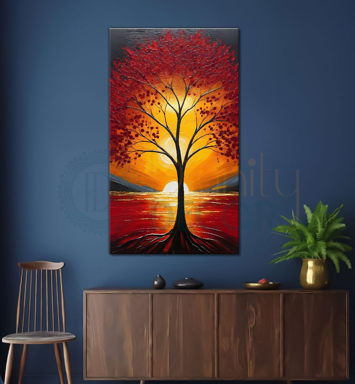 Red textured tree in front of sun with red textured oil painting Canvas painting - Tree-V-18