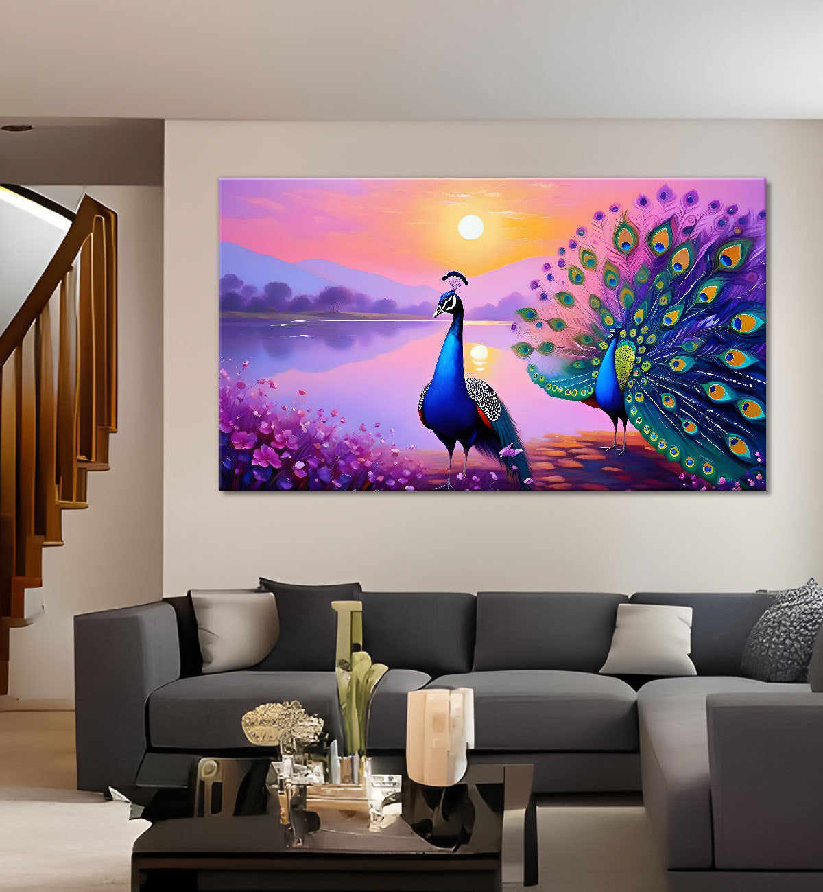 Peacocks with the sea in background modern art Canvas Painting - Design - Peacock-18