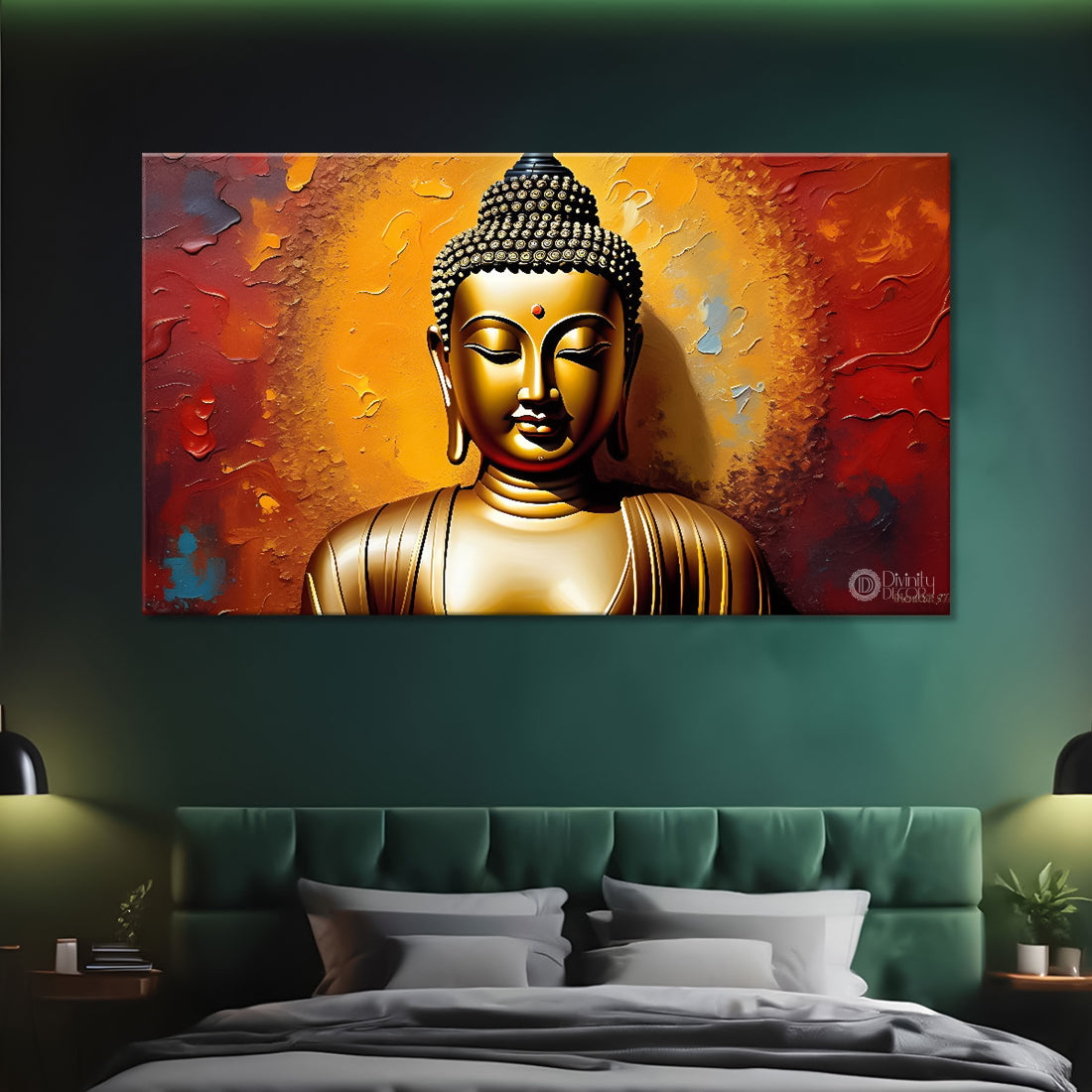 Golden buddha in orange background textured painting Canvas Wall Painting - Buddha-190