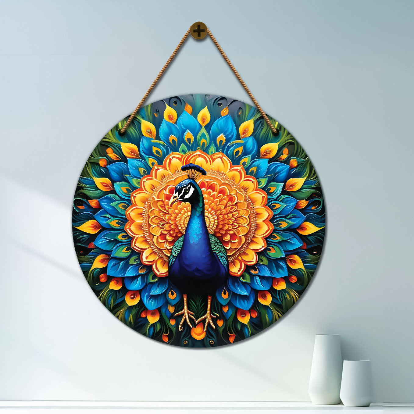 Peacock in green and orange mandala Round Wooden Wall Hanging for wall Décor - Design - 190