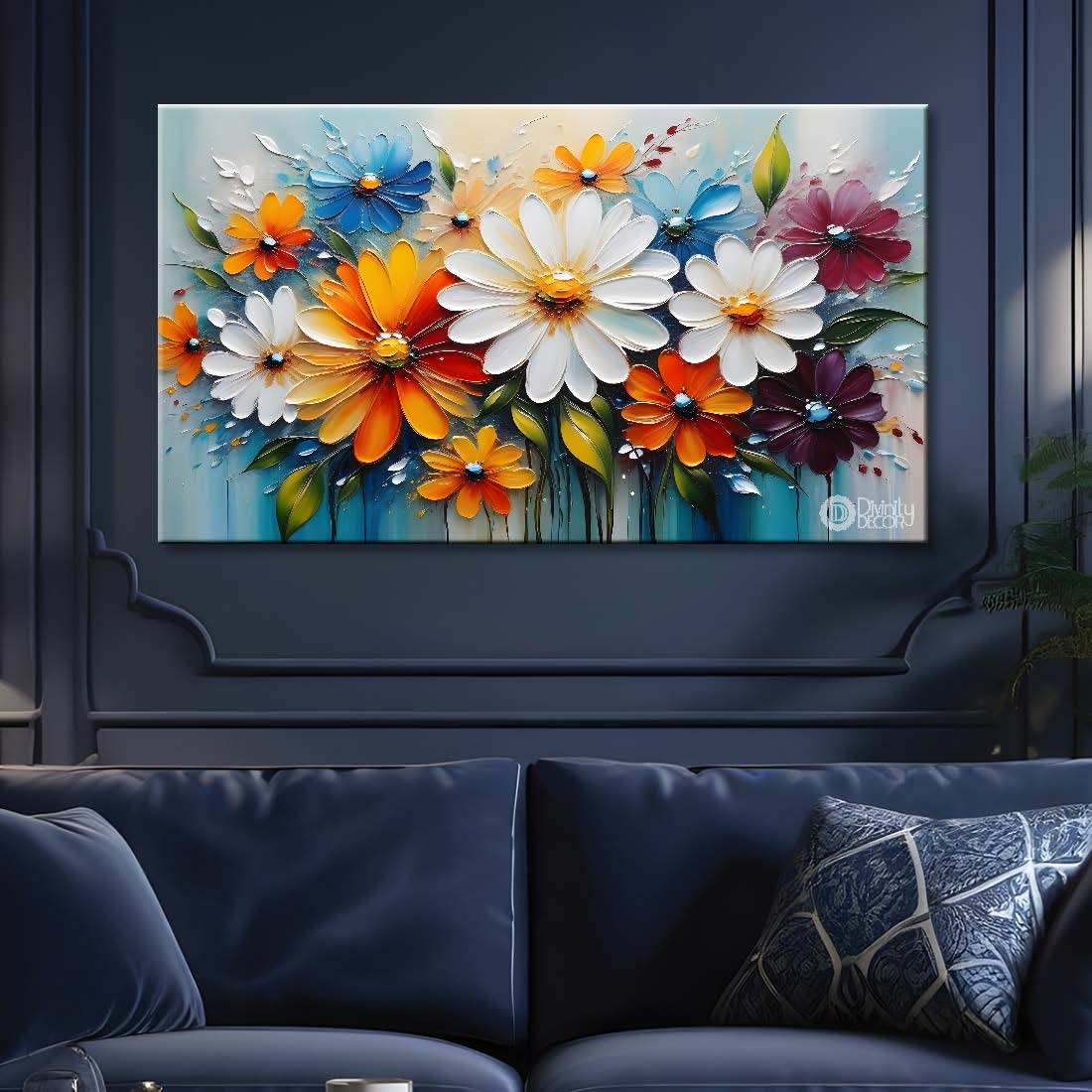 Colorful flowers with blue background- Design - Flower-190