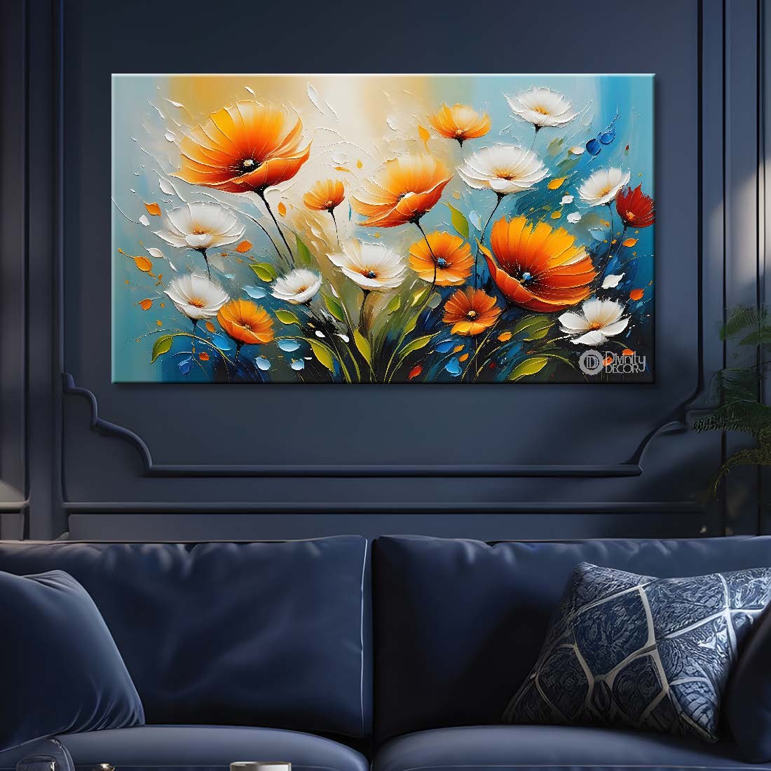 Orange and white flowers with blue background- Design - Flower-191