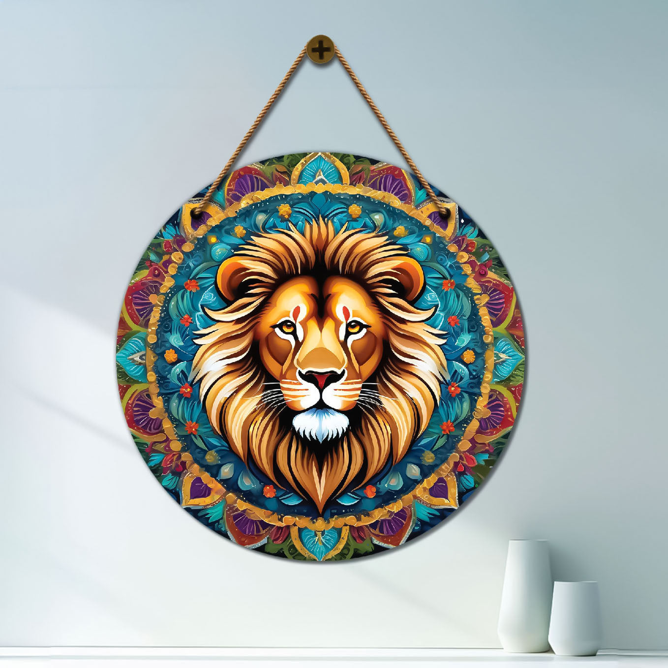 Lion in blue and purple mandala Round Wooden Wall Hanging for wall Décor - Design - 191