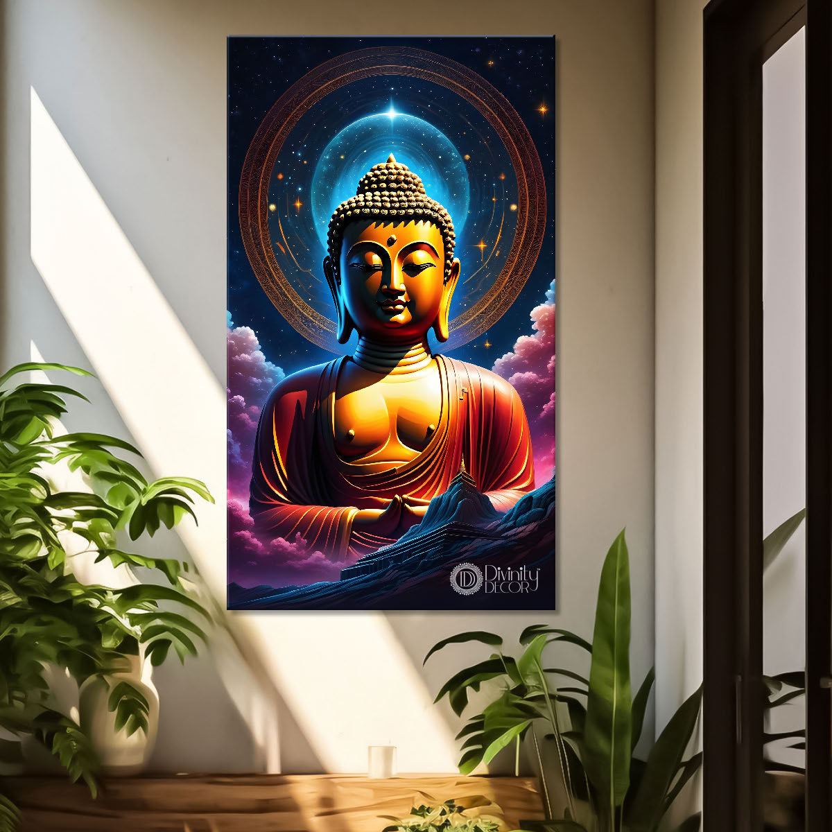 Golden buddha with  blue chakra texturd oil painting Buddha-V-191
