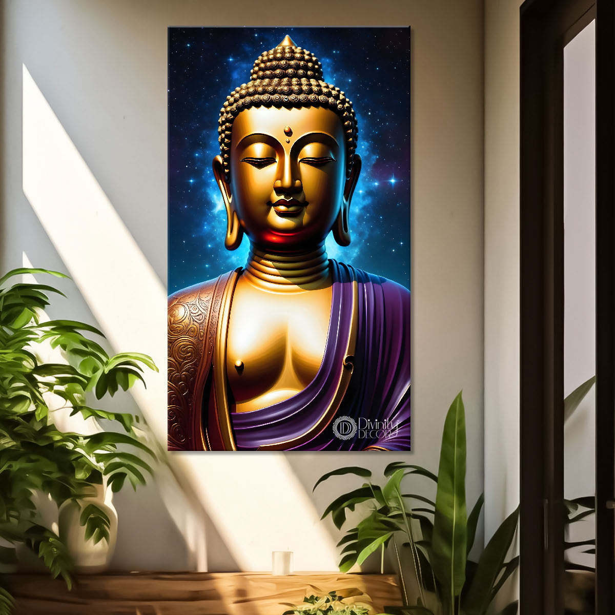Golden buddha with  blue chakra texturd oil painting Buddha-V-192