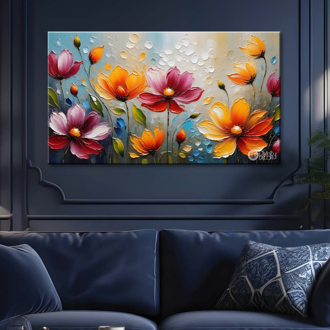 Colorful flowers with blue background- Design - Flower-192