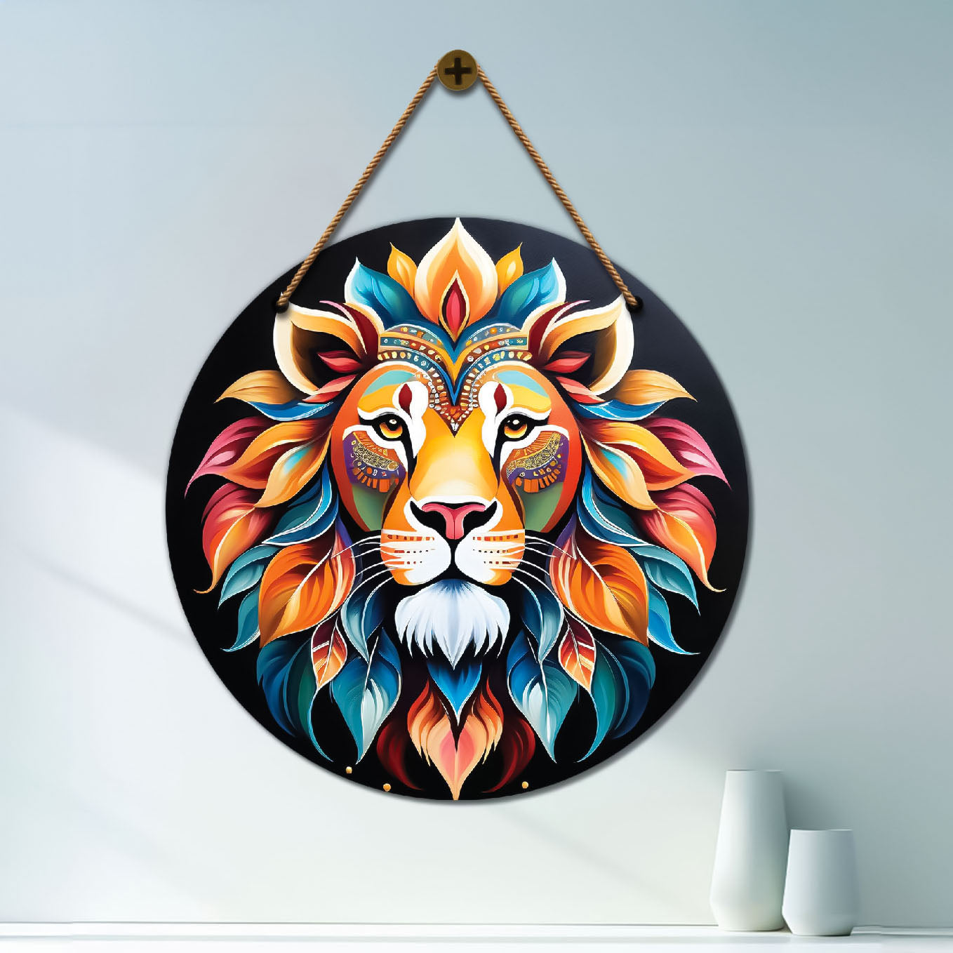 Lion in colourful and black mandala Round Wooden Wall Hanging for wall Décor - Design - 192
