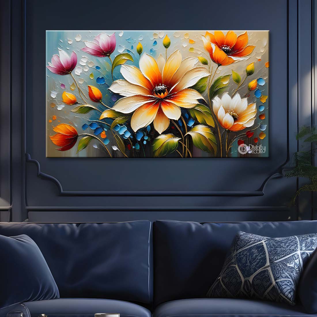 Colorful flowers with blue background- Design - Flower-193