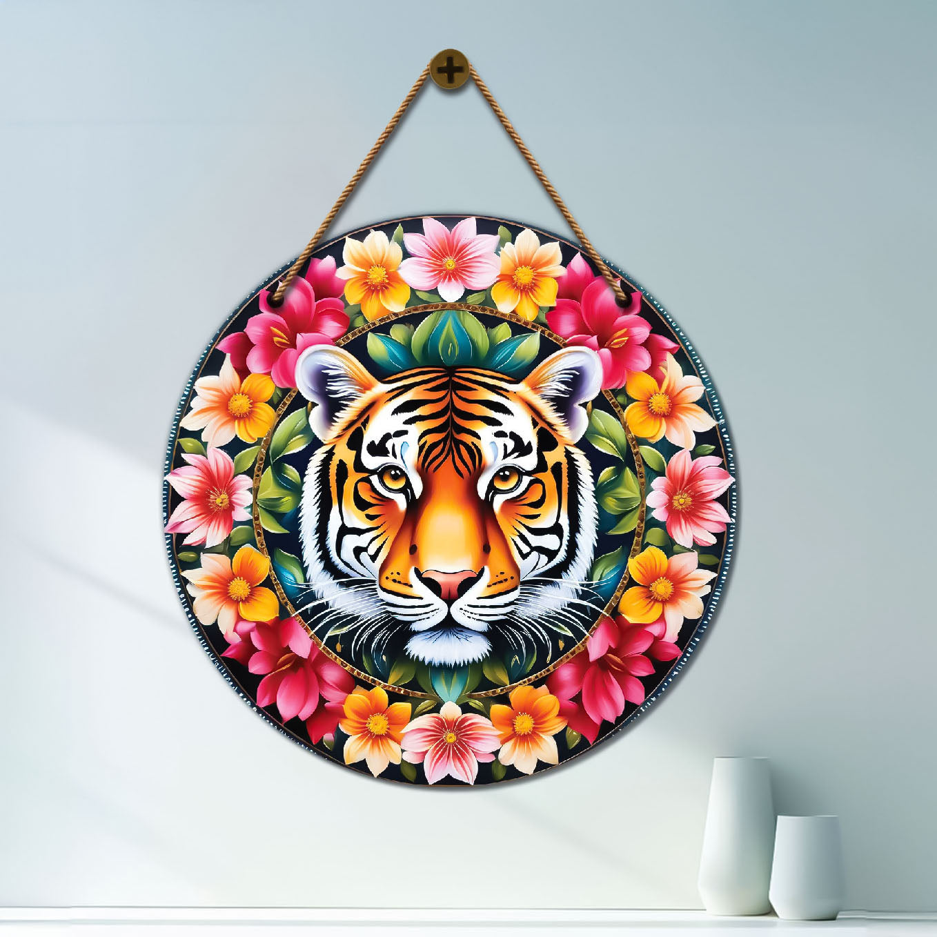 Tiger in green and floral mandala Round Wooden Wall Hanging for wall Décor - Design - 193