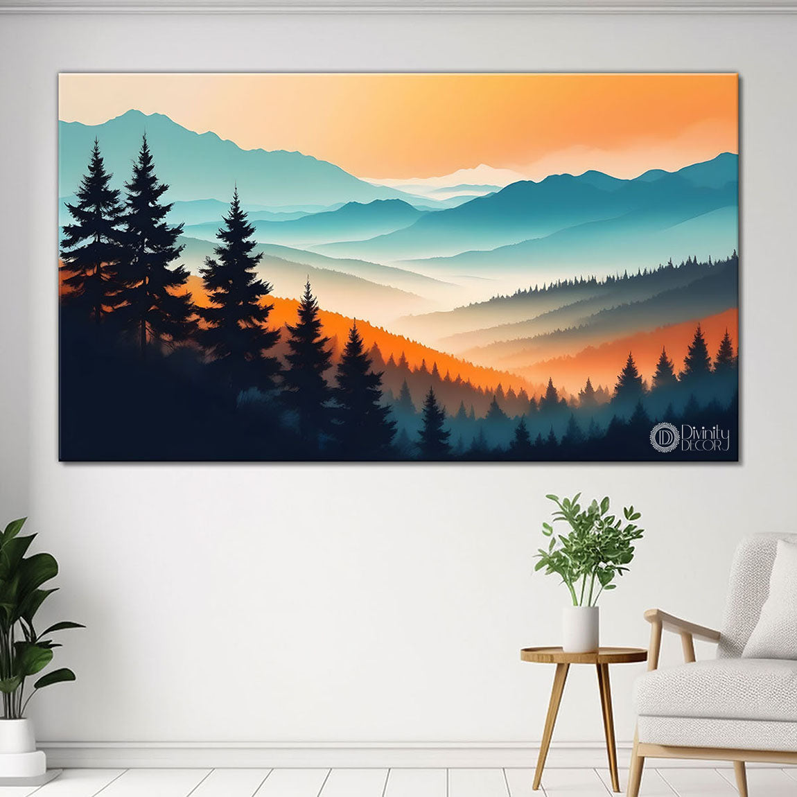 Mountains with trees in orange sky painting Canvas Painting - Nature Art -193