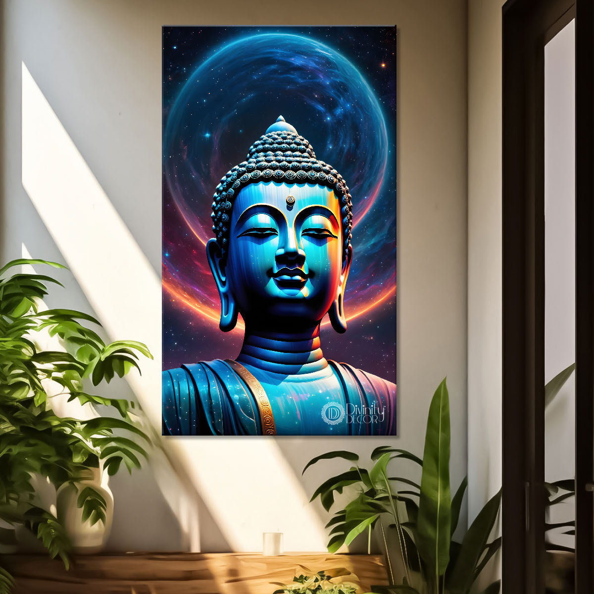 Blue face buddha with blue and dark texturd oil painting Buddha-V-193