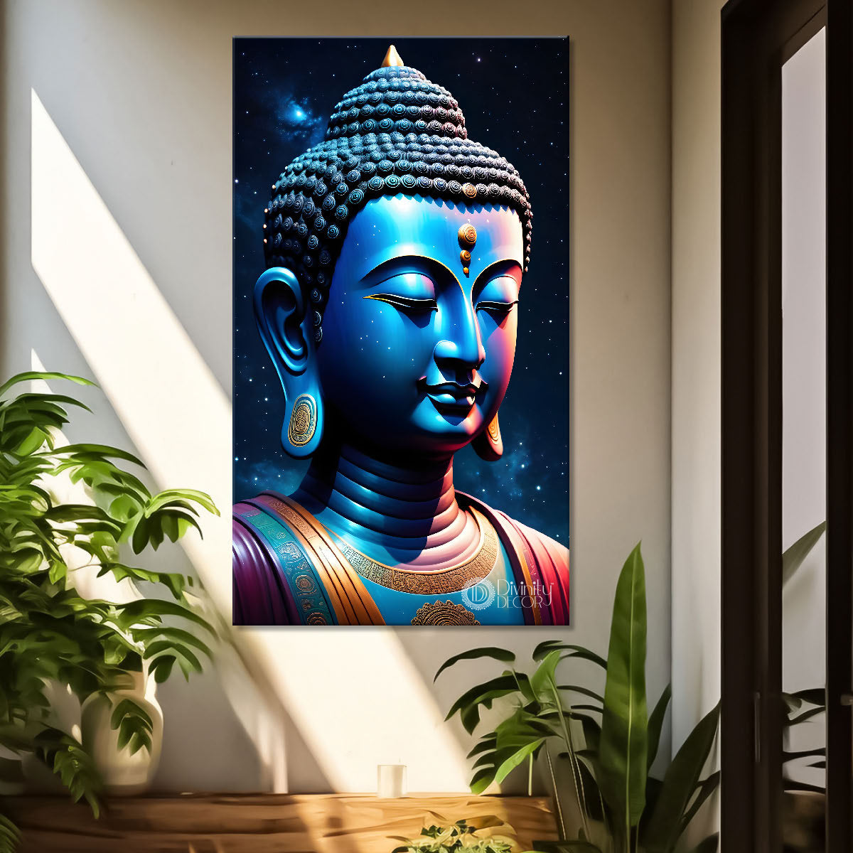 Blue face buddha with blue and dark texturd oil painting Buddha-V-194