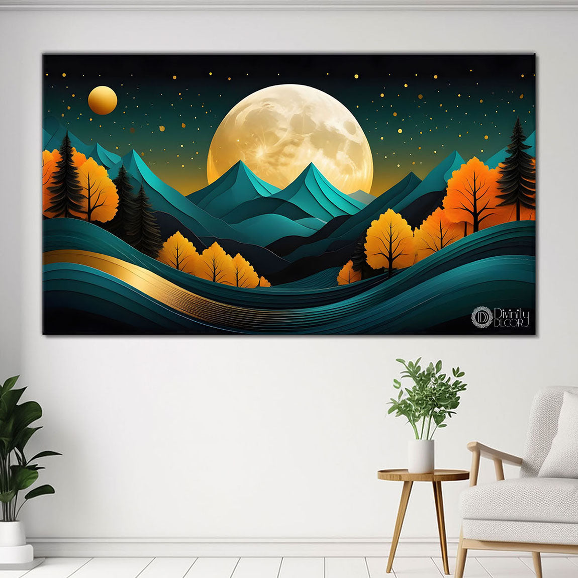 Moon with mountains in textured painting Canvas Painting - Nature Art -194