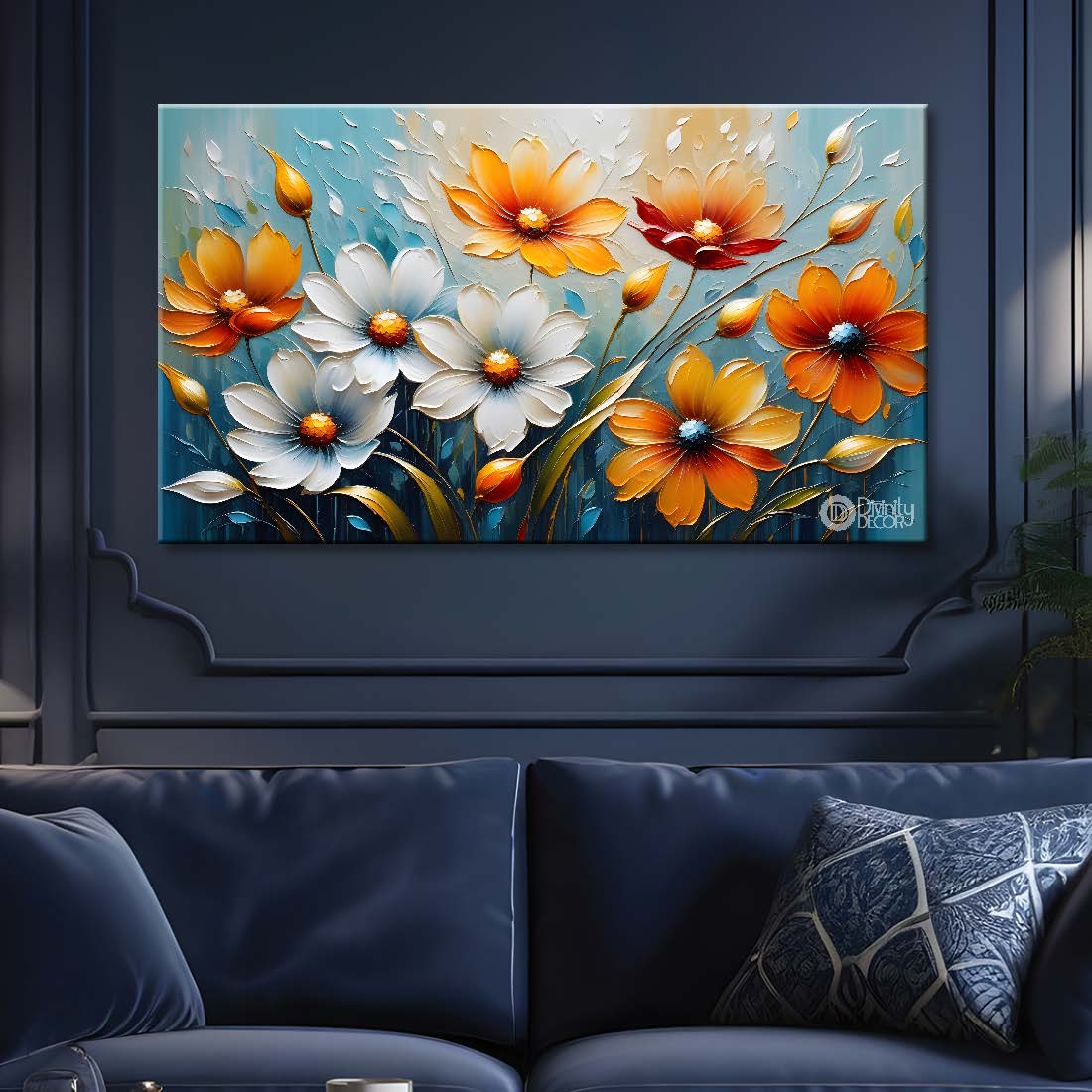 Orange and white flowers with blue background- Design - Flower-194