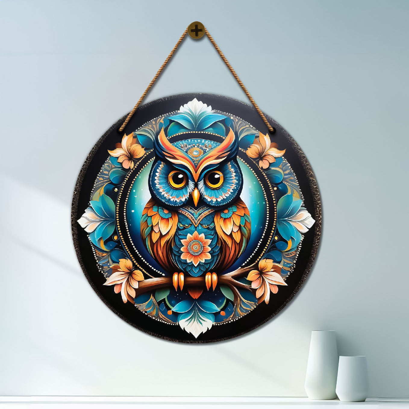 Owl in blue and black mandala Round Wooden Wall Hanging for wall Décor - Design - 194