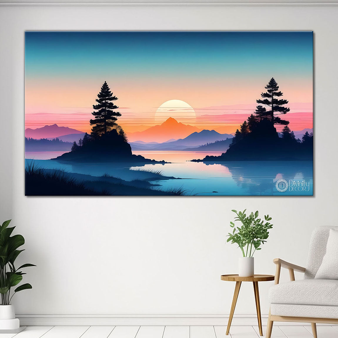 Mountains with sunset and trees water color painting Canvas Painting - Nature Art -195