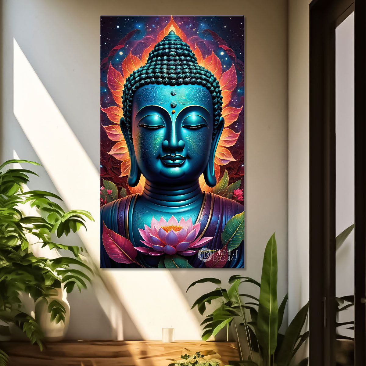Blue face buddha with blue and dark texturd oil painting Buddha-V-195