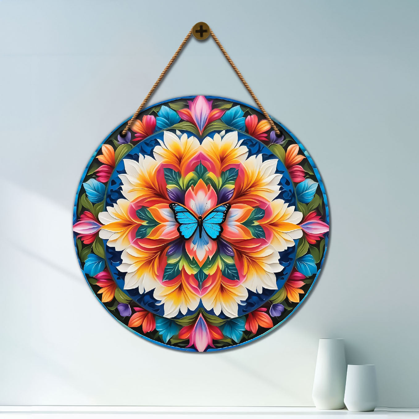 Butterfly in blue and orange mandala Round Wooden Wall Hanging for wall Décor - Design - 195