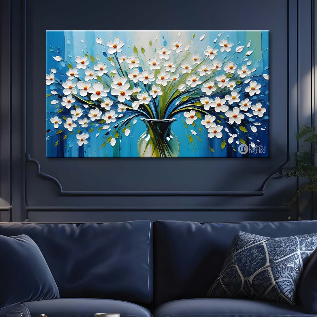 White flowers with blue background- Design - Flower-195