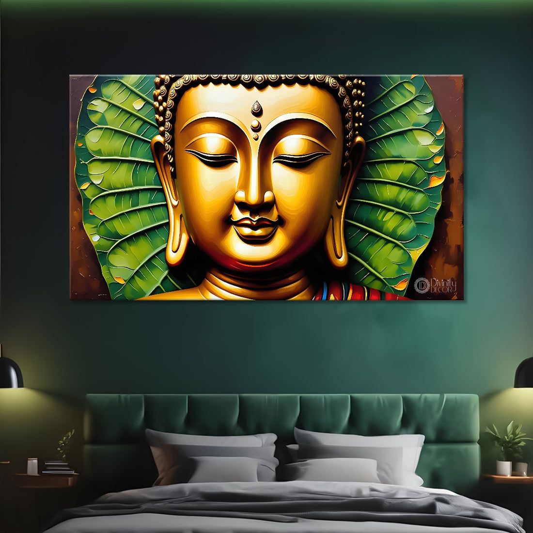 Golden buddha with the leaves background textured painting Canvas Wall Painting - Buddha-196