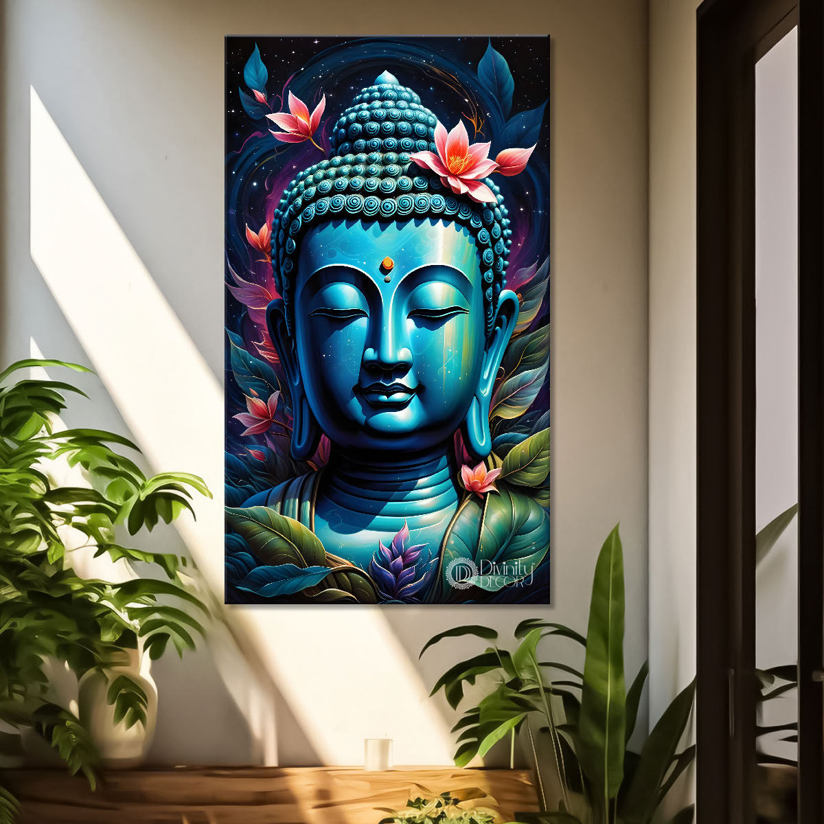 Blue face buddha with lotus and dark texturd oil paintingBuddha-V-196