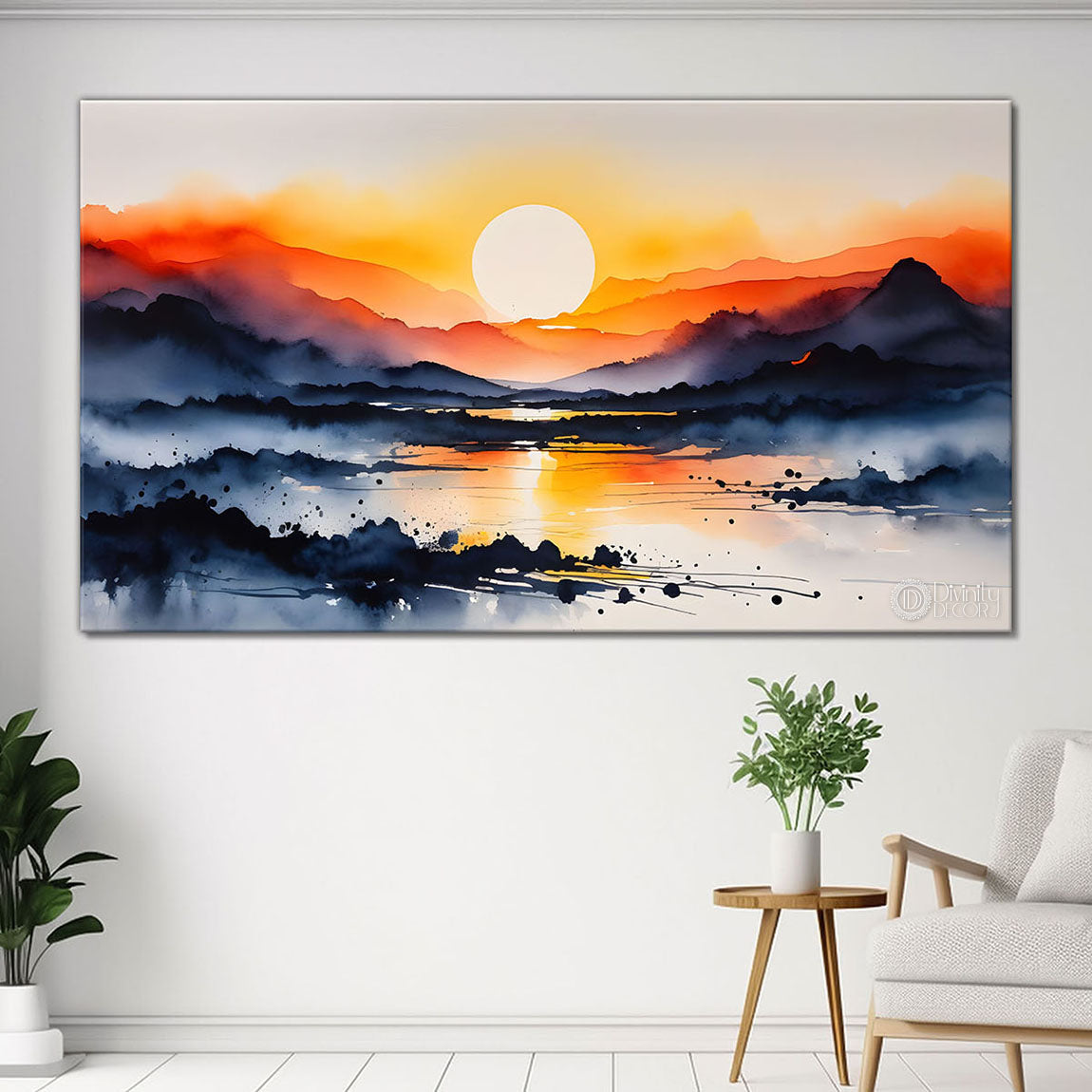 Mountains with sunset water color painting Canvas Painting - Nature Art -196