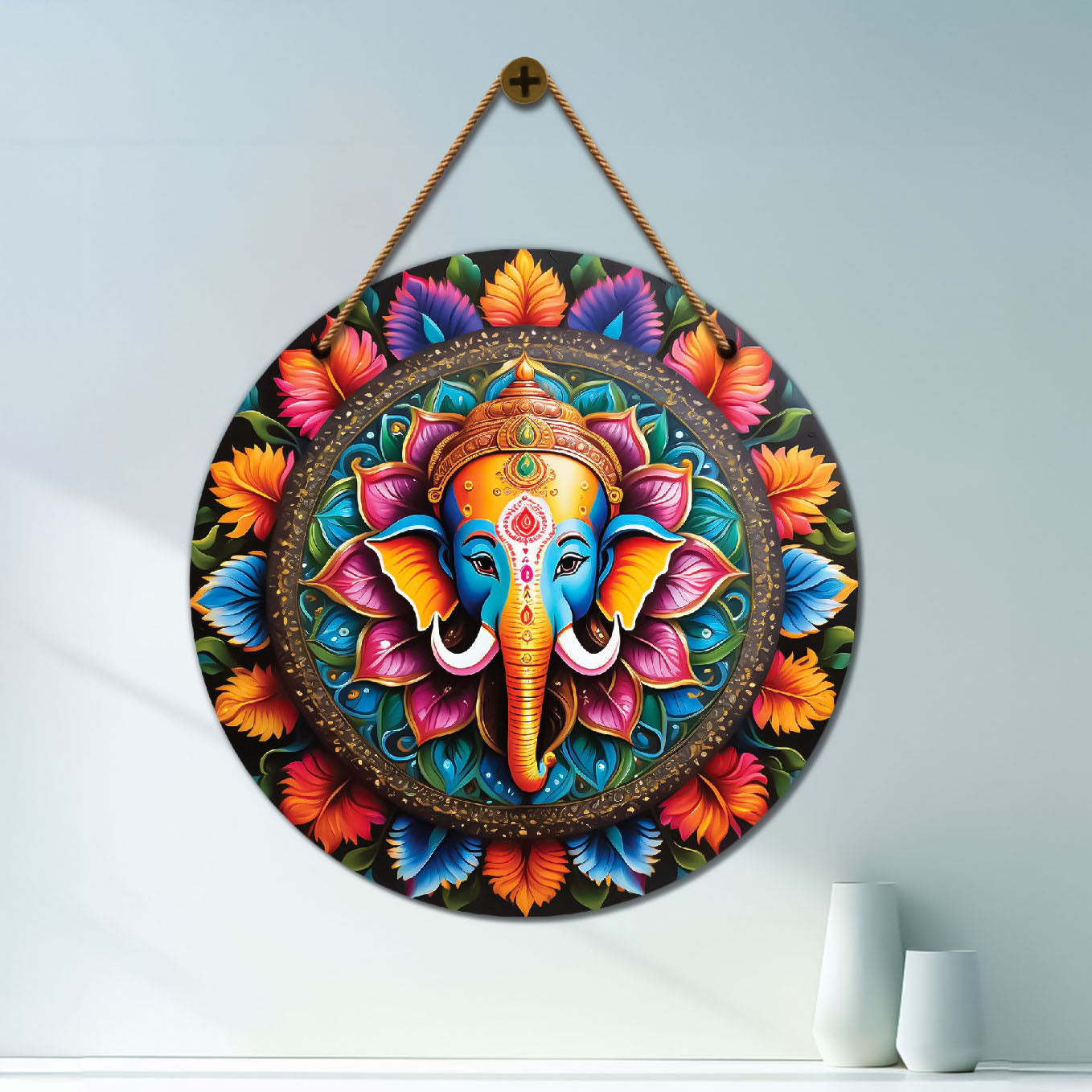 Ganesh Ji in orange and pink mandala Round Wooden Wall Hanging for wall Décor - Design - 196