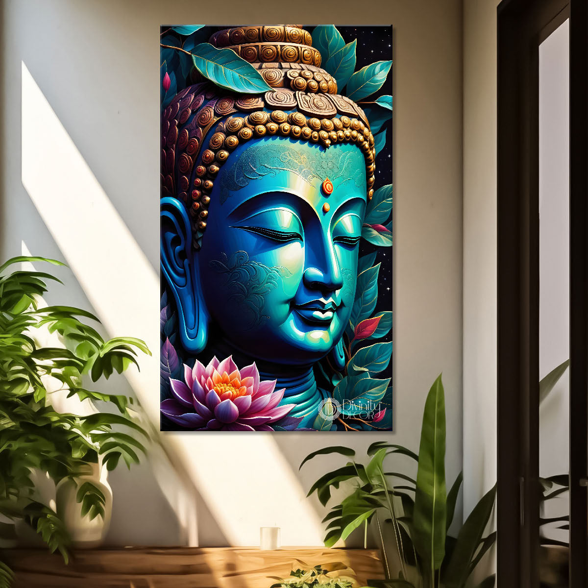 Blue face buddha with lotus and dark texturd oil painting Buddha-V-197