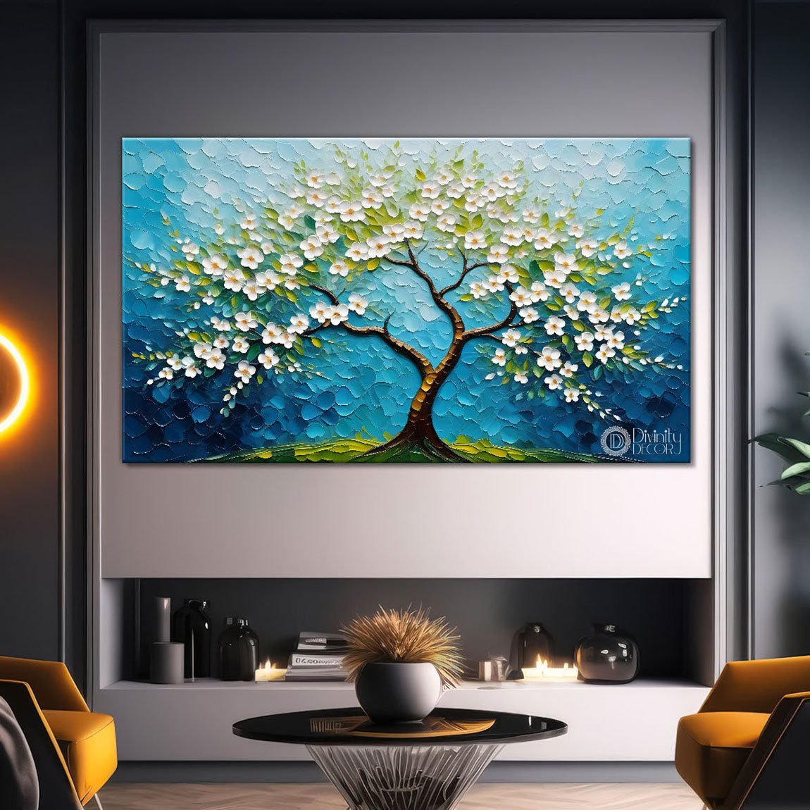 White flower tree in textured background oil painting- Design - Tree-197