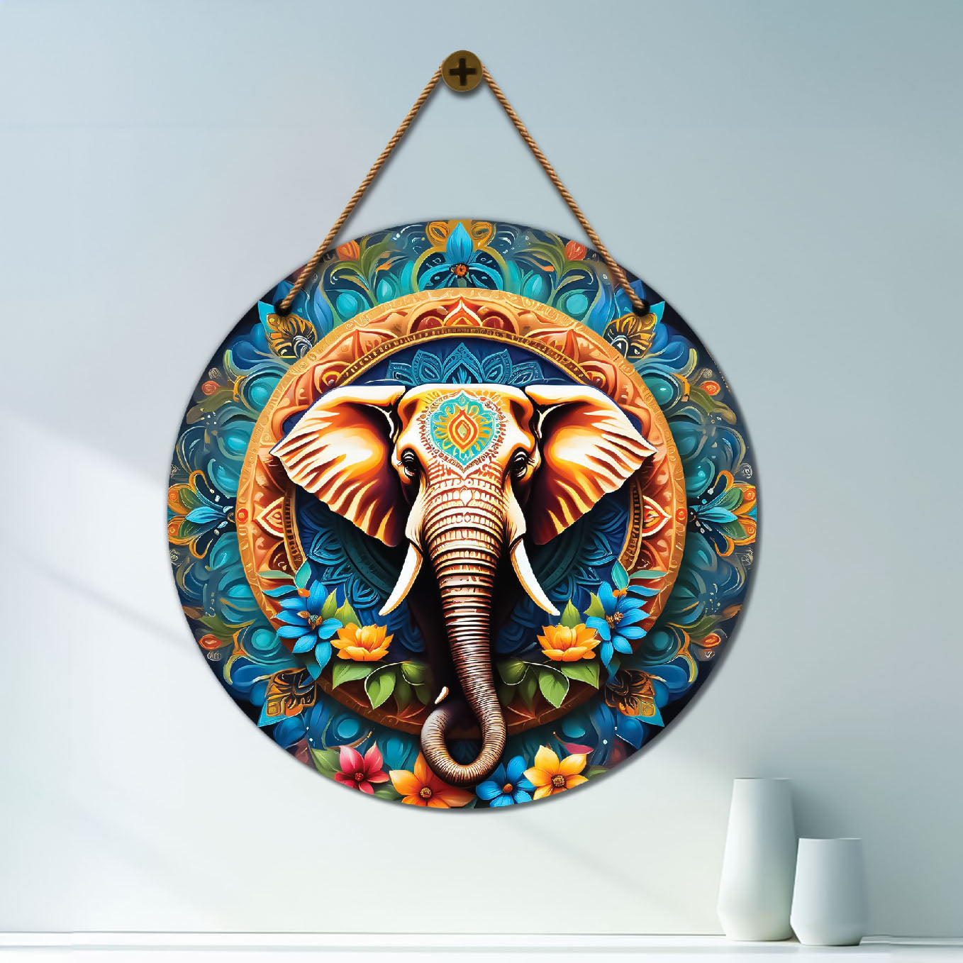 Elephant in blue and brown mandala Round Wooden Wall Hanging for wall Décor - Design - 197