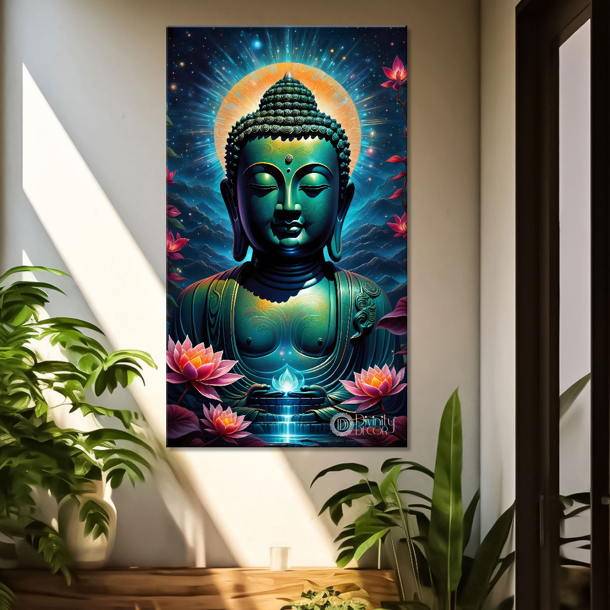 Blue face buddha with lotus and dark texturd oil painting Buddha-V-198