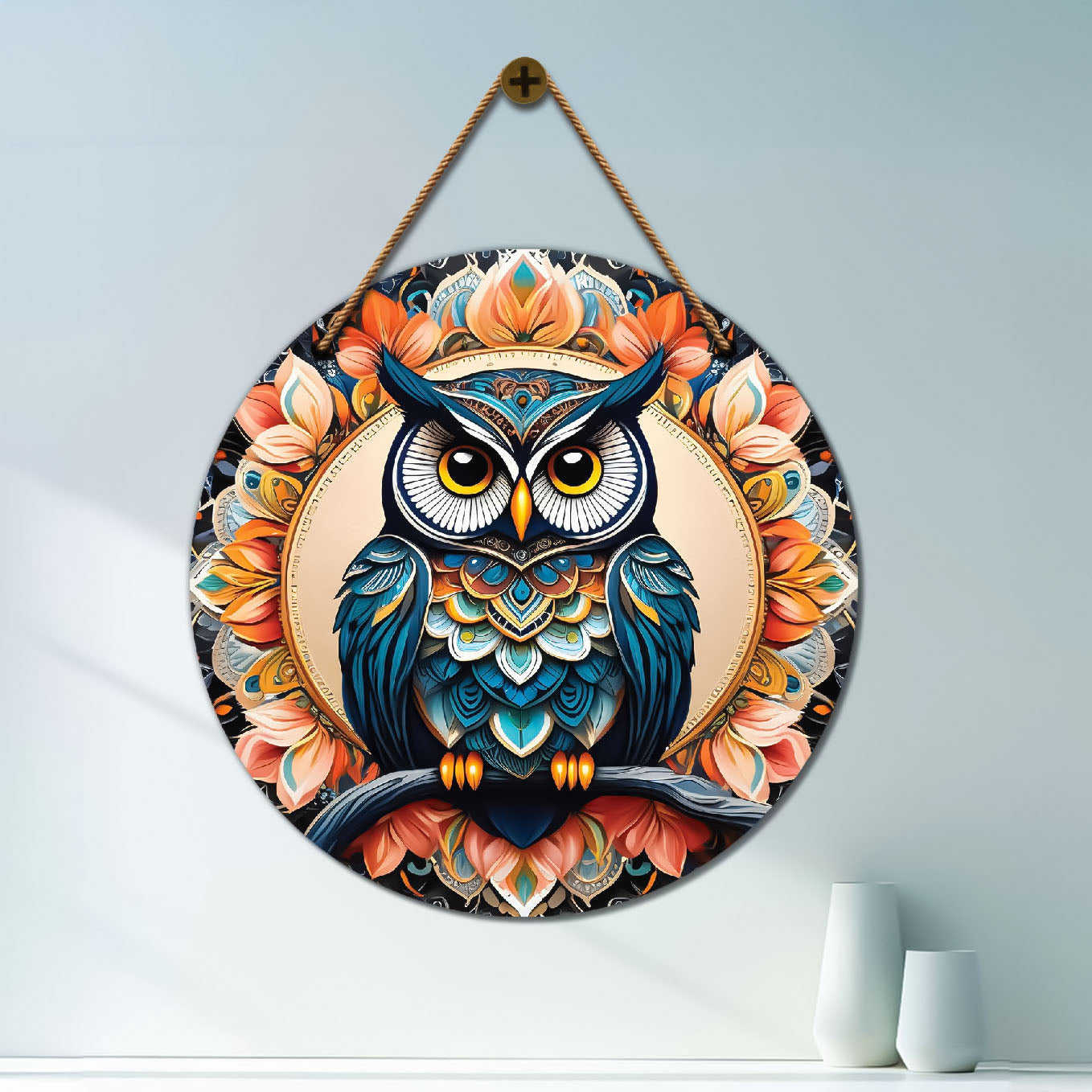 Owl in peach and black mandala Round Wooden Wall Hanging for wall Décor - Design - 198